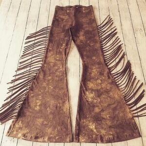 High Waisted Fringe Bell Bottoms in SADDLE BROWN TIE DYE Festival Boho Pants NWT